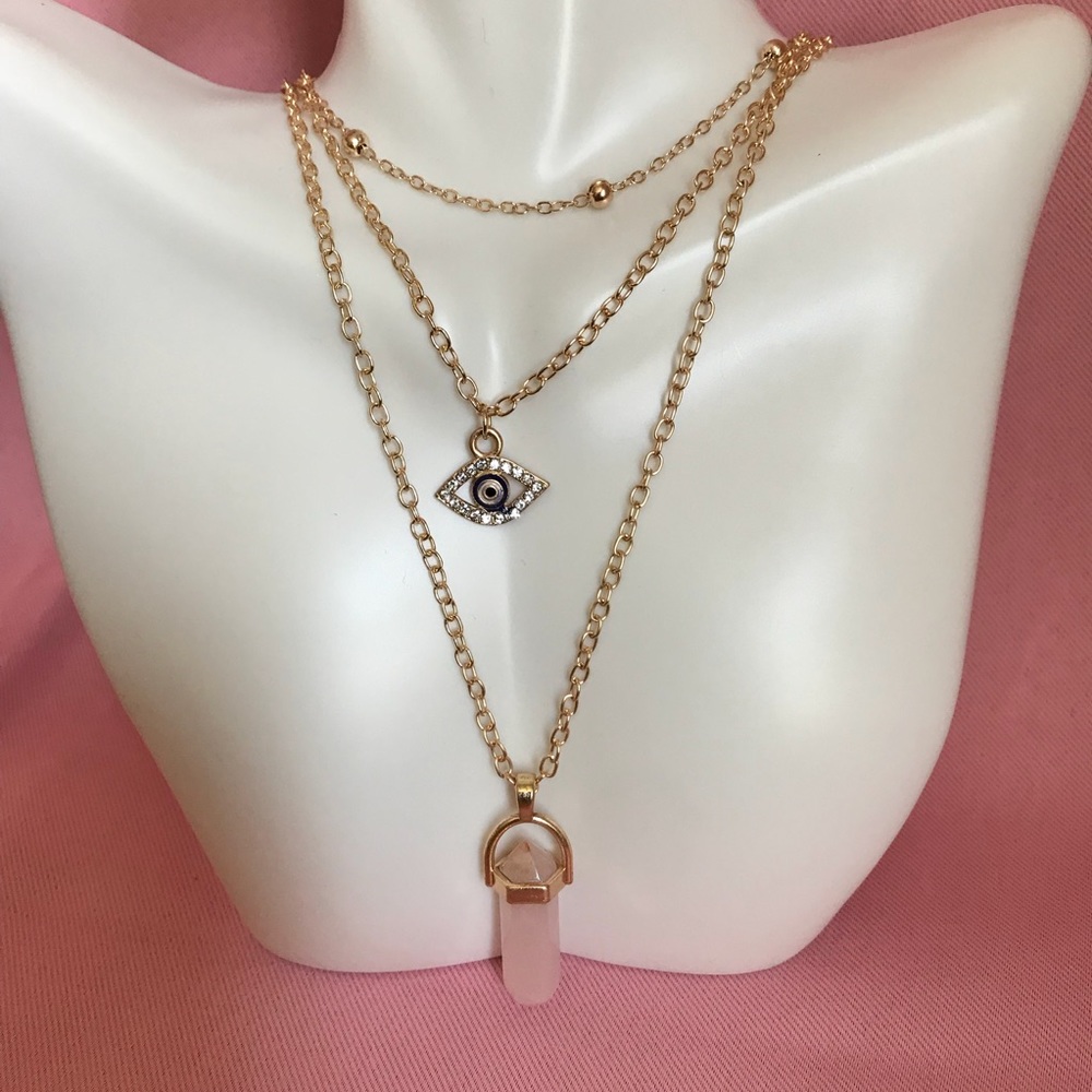 Rose Quartz Evil Eye Layered Necklace